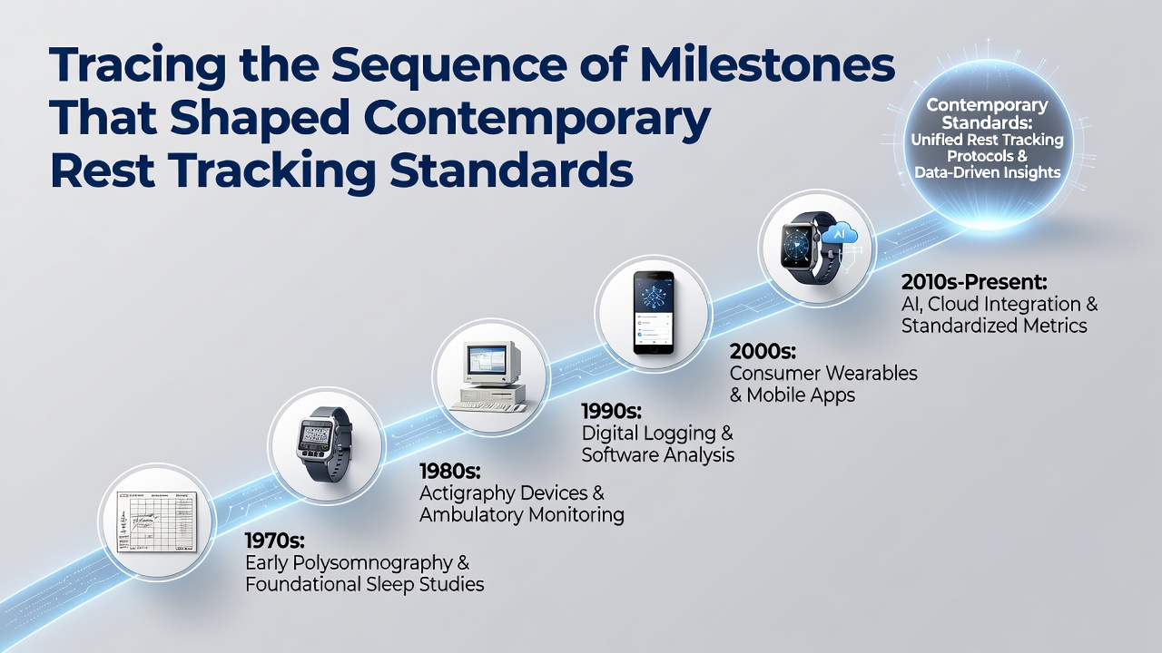 Historical timeline of rest tracking devices from early polysomnography equipment to modern wearables